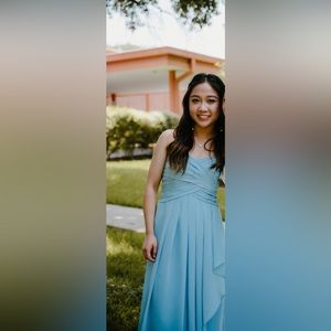 David’s Bridal crinkle chiffon dress with cascade skirt in dusty blue. Size 2.
